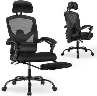DUMOS Ergonomische Bureaustoel - Comfortabele Kantoorstoel Met Lendensteun En Voetensteun - Verstelbare Armleuningen - Thuiskantoor Stoel Voor Langdurig Zitcomfort