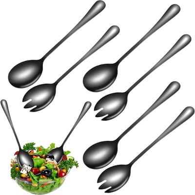 Set van 6 RVS Saladescheppen en Bestek voor Gezinnen en Hotels - Zwart Hoogglans, 20 cm, Duurzaam en Stevig