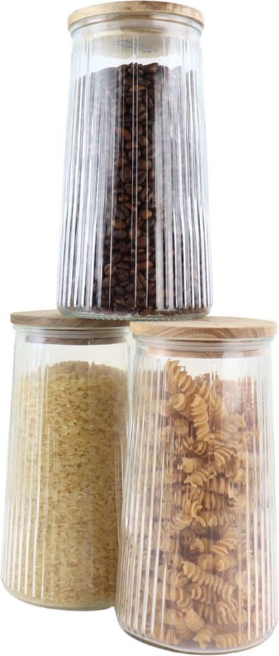 OTIX Voorraadpotten - Glas - met Deksel - Snoeppotten - Set van 3 - Voedselopbergers - Koffiepads Bewaarbus - Acacia Wood - 1300ml - SIRIUS