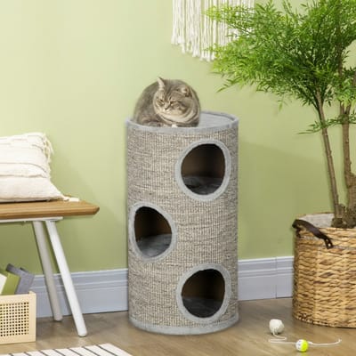 Wishdor - Krabton Voor Katten - Drie Niveaus En Sisal Kraboppervlak - Voor Rusten En Spelen - Hout En Pluche - Grijs - Ø38 X 70 Cm