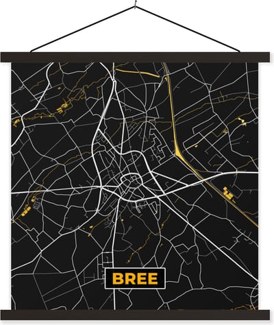 Posterhanger incl. Poster 60x60 cm - Schoolplaat - Plattegrond - Bree - Goud - Kaart - Stadskaart - Textielposter - Zwarte latten - Stadskaart
