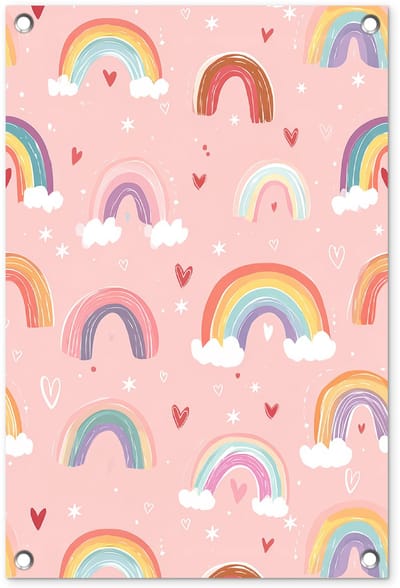 Tuinposter 40x60 cm - Tuindecoratie Regenboog - Patroon - Pastel - Handgetekend - Poster voor in de tuin - Buiten decoratie - Schutting tuinschilderij - Tuindoek muurdecoratie - Wanddecoratie balkondoek