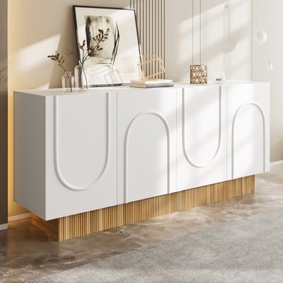 DESMIU Dressoir - Moderne Opbergkast Met U Reliëf En 4 Deuren - Voor Woonkamer En Eetkamer - Spaanplaat - 160x38x75 Cm - Wit Houtkleur