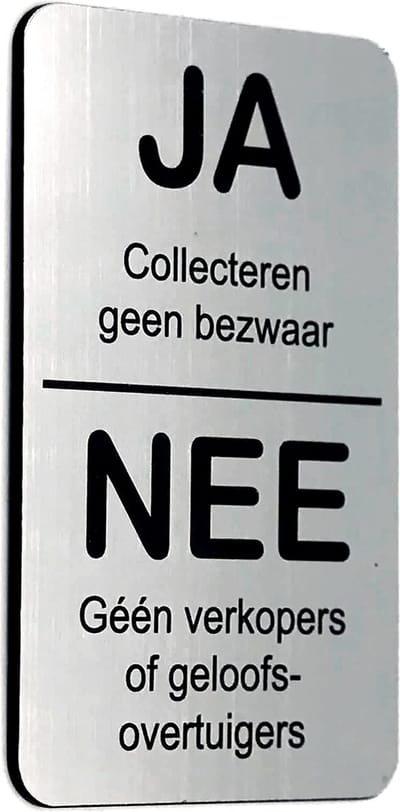JA Collecteren geen bezwaar NEE Geen verkopers of geloofsovertuigers - Brievenbus Sticker - RVS Look - Zelfklevend - 50 mm x 80 mm x 1,6 mm - YFE-Design