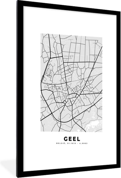 Fotolijst incl. Poster Zwart Wit- België – Geel – Stadskaart – Kaart – Zwart Wit – Plattegrond - 60x90 cm - Posterlijst