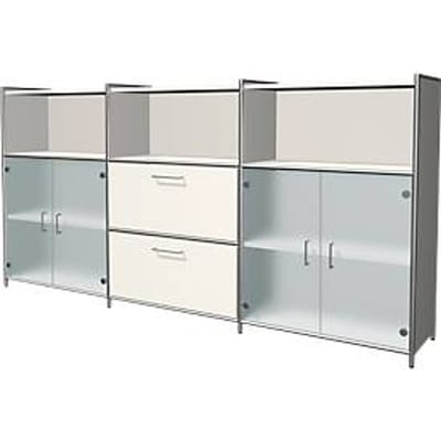 Highboard Toledo, 2 schuifladen, 3 vakken, 3 ordnerhoogten, glazen deuren, B 2360 x D 380 mm, wit