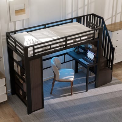 Hoogslaper 90 x 200 cm - met bureau - opbergvak - LED-verlichting - trap met opbergruimte - zonder matras - zwart