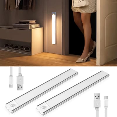 LED Kastverlichting met bewegingssensor, 2 x 20 cm, USB-C Oplaadbaar, Dimbaar, Magnetisch, 3 Kleurtemperaturen, Draadloos, Kastverlichting op Batterij, Zilver