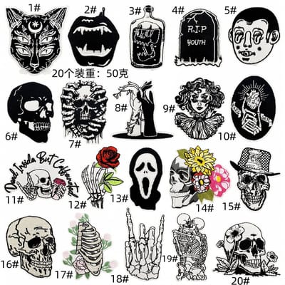 Zwarte Serie - Schedel/kleine dieren Series - 20 delige set -stof & strijk applicatie