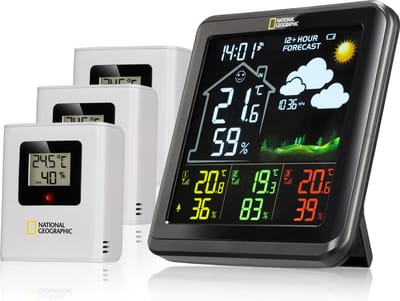 National Geographic Weerstation - VA-Kleurendisplayweerstation incl. 3 sensoren - Met Weersvoorspelling, Alarmfunctie etc.