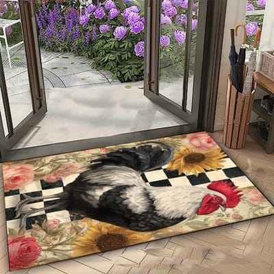 1 stuks Rustieke Boerderij Welkom Deurmat met Geborduurd Kuikenpatroon Mat Mat voor Keuken Badkamer Zwart Wit Geblokte Rand 40X60CM