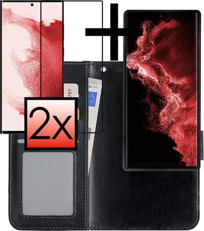 Hoesje - 2 in 1 - Geschikt voor Samsung Galaxy S22 Ultra - Met 2x Screenprotector - En Uitneembare Hard Cover - Bookcase - Wallet Case - Met Pasjeshouder - Book Case - Uitneembaar - Pashouder - Kunstleer - Zwart