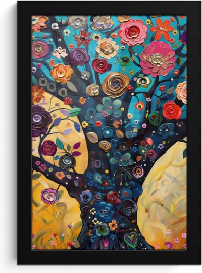 Poster in lijst - Fotolijst 20x30 cm - Posters - Boom - Levensboom - Kleurrijk - Bloemen - Modern - Posterlijst zwart - Decoratie - Wanddecoratie woonkamer - Muurdecoratie slaapkamer