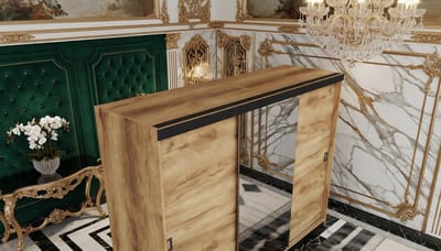 Schuifdeurkast Casa Velluto RetroLux 200 – Luxe Garderobekast met Spiegel, Moderne Multifunctionele Kledingkast, Eiken Ambacht Goud, 200x205x59 cm, Hoogwaardige Opbergruimte voor Woonkamer en Slaapkamer