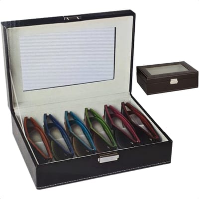 Brillendoos - Brillenhouder - Brillenhoes - Brillenkoker - 6 Brillen - Lederlook - Bruin - Met Sluiting - 40cm x 20cm x 12cm - Zonnebrillen - Opbergdoos - Opbergbox