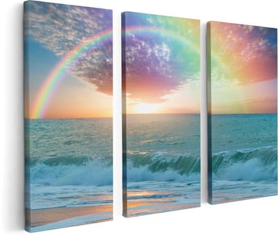 Artaza Canvas Schilderij Drieluik Regenboog in het Water bij het Strand - 120x80 - Foto Op Canvas - Canvas Print