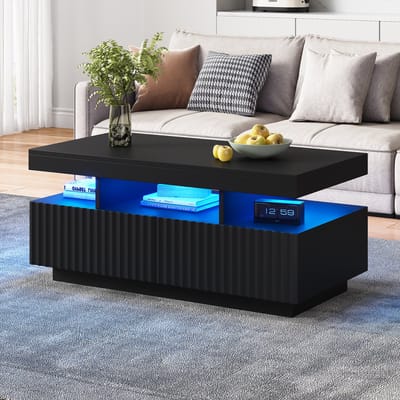 OKWISH Salontafel – Serie Modern – 2 Laden – Met LED (App) – Open Midden – Verticaal Ribbelpatroon – Spaanplaat Zwart – Draagkracht 30 kg – 100x50x45 cm
