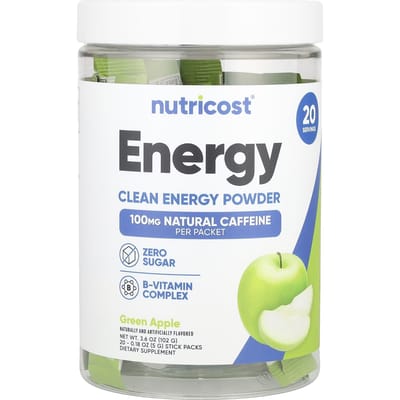 Nutricost, Énergie, Poudre d'énergie propre, Pomme verte, 20 sachets individuels, 5g (0,18 oz) chaque