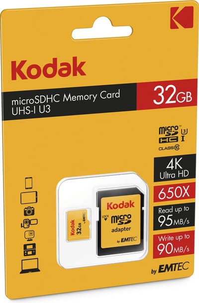 Kodak Ultra Performance 650X® 32GB microSD kaart - 4K Ultra HD - Adapter - UHS-I U3 - Class 10 - V30 A1 - micro SD geheugenkaart