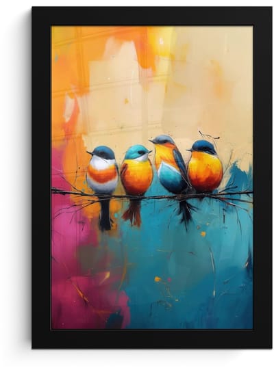 Poster in lijst - Fotolijst 20x30 cm - Posters - Vogels - Kleurrijk - Tak - Abstract - Posterlijst zwart - Decoratie - Wanddecoratie woonkamer - Muurdecoratie slaapkamer