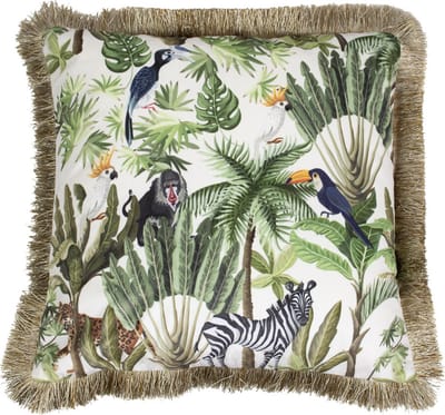 Sierkussen - Fluweel Jungle Toekan Gouden Franjes - Wit En Goud - 45 Cm X 45 Cm