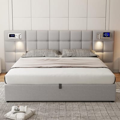 KOMHTOM Tweepersoonsbed 180x200 cm Hydraulisch bed met USB-poort draadloze oplader verlichte lamp Houten lattenbodem Linnen Grijs