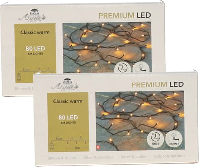 Anna's Collection Kerstverlichting premium - 2x - 80 led lampjes - warm wit - 800 cm - lichtsnoer - dimmer - kerstlichtjes - kerstlampjes