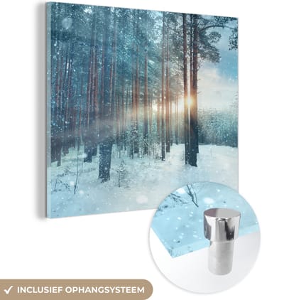 MuchoWow® Glasschilderij 90x90 cm - Schilderij acrylglas - Winter - Zon - Sneeuw - Bos - Foto op glas - Schilderijen
