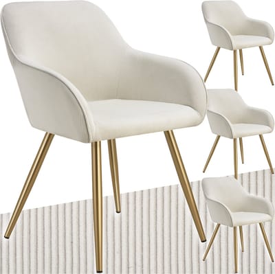 tectake® Eetkamerstoelen Marilyn - Set van 4 - Gestoffeerde Stoelen met Koordlook/ribstof - Gouden Stoelpoten - Ergonomische Keukenstoel - Stoel voor Eetkamer, Woonkamer, Slaapkamer - Creme