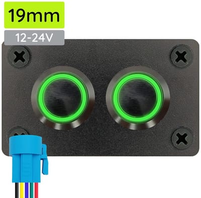 ProRide Metalen drukschakelaars in Tweevoudig inbouwpaneel 12-24V ON-OFF - 19mm - IP67 - LED indicatie Groen