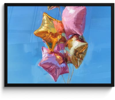 Poster in lijst - Fotolijst 80x60 cm - Posters - Ballonnen - Goud - Stervorm - Roze - Posterlijst zwart - Decoratie - Wanddecoratie woonkamer - Muurdecoratie slaapkamer
