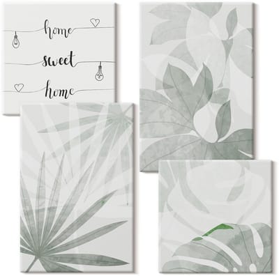 Wallfluent Set van canvas schilderijen - Plantenbladeren in tinten groen en grijs opschrift Canvas Schilderijen Set - Set van 4 Canvas Schilderijen - Groente Set van Canvas Prints - Natuur Canvas Kunst Set - Boheemse Canvas Kunst Set