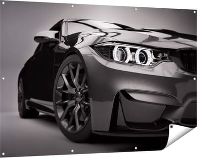Gards Tuinposter Grijze Sportwagen Auto - Zwart Wit - 150x100 cm - Tuindoek - Tuindecoratie - Wanddecoratie buiten - Tuinschilderij