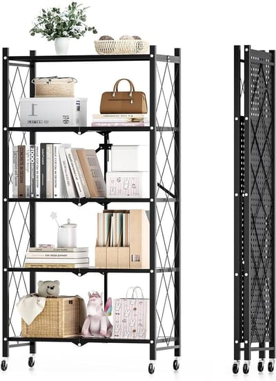 Vijfdelige metalen opvouwbare rek met wielen, 28" W x 12" D x 63" H, 950 lbs draagvermogen, veelzijdig organizer rek voor opslag en organisatie