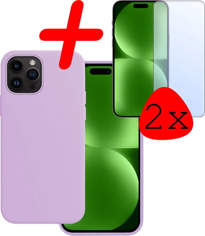 Hoesje Met 2x Screenprotector - Geschikt voor Apple iPhone 15 Pro - Sterk & Shockproof - Back Cover - Siliconen Case - Telefoon Hoes - Lila