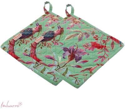 Imbarro Home & Fashion set van 2 paradise groene pannenlappen 25 x 25 cm