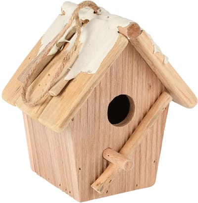Dekoratief | Hanger vogelhuisje m/sneeuw, naturel, hout, 14x14x16cm | A255604