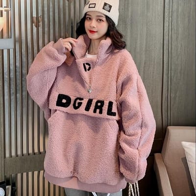 Pull Printemps et Automne pour Femmes Ample Grande Taille Automne et Hiver Col Montant Lâche Haut à Fermeture Éclair 2XL rose