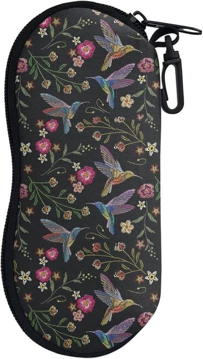 Binienty Soft Glasses Case, Zipper Glasses Pouch Bag with Belt Clip, Portable, Floral Hummingbird, One Size