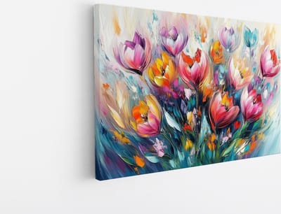 Saammp Canvas Schilderij - Kleurrijk Gekleurde Bloemen Schilderij - Abstract - 45x30 - Foto op canvas - Wanddecoratie - Modern Interieur - Woonkamer Decoratie