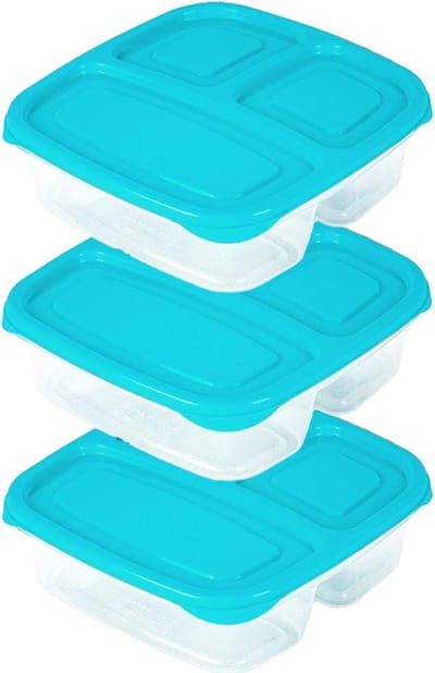 PlasticForte Vershoudbakje - 3x - 3-vaks - 1ST - 1,2L - meal prep - herbruikbaar - blauw - vaatwasser bestendig - magnetron bakjes