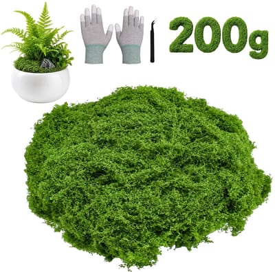 200 g kunstmos decoratie kunstmos om te versieren mos om te knutselen, donkergroen, inclusief antistatische handschoenen en metalen pincet voor muur, kerststal, bruiloft, terrarium, modelbouw