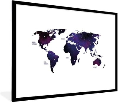 Poster in lijst - Fotolijst 80x60 cm - Posters - Wereldkaart - Sterrenhemel - Paars - Posterlijst zwart - Decoratie - Wanddecoratie woonkamer - Muurdecoratie slaapkamer