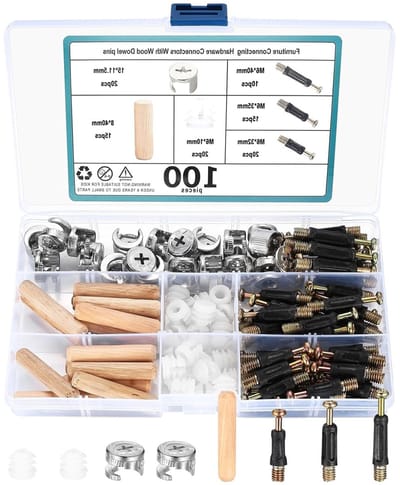 Set van 100 excentrieke meubelverbindingen met schroeven, pluggen, kunststof moeren en houten deuvels voor stevige meubelmontage
