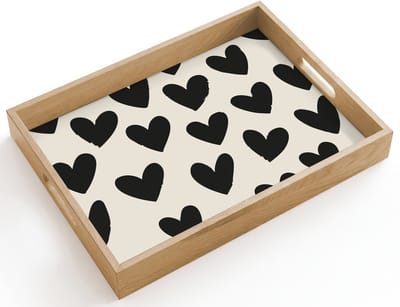 Dienblad hout 40x30 cm - Schootdienblad - Hartjes - Zwart - Beige - Borrelplank rechthoek - Plateau dienbladen