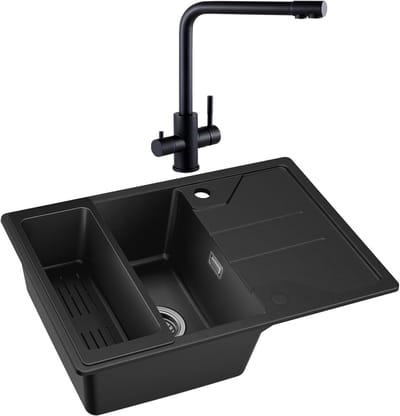 CECIPA max Granieten Spoelbak 65x45cm Zwart - Spoelbakken Keuken Met 3 Wege Keukenkraan - Spoelbak Met Planchet en Afvoermand - Spoelbakken Incl. Sifon en Afvoerzeefje
