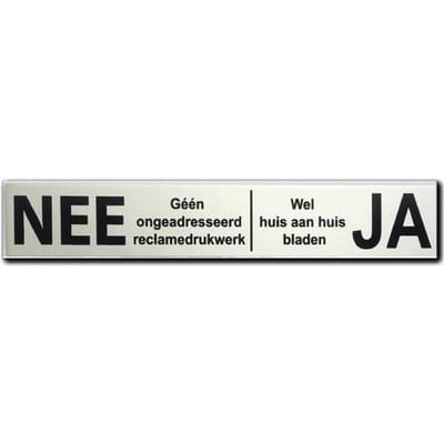 NEE JA sticker brievenbus Aluminium Zwart - Klein Formaat - LET OP 100 mm x 18 mm x 0,5 mm.