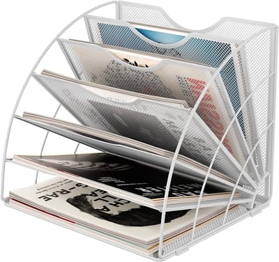 Fan-vormige 6 Compartimenten Bureau Organizer met Gaas, A4 Documenthouder en Tijdschriftopslag, Wit