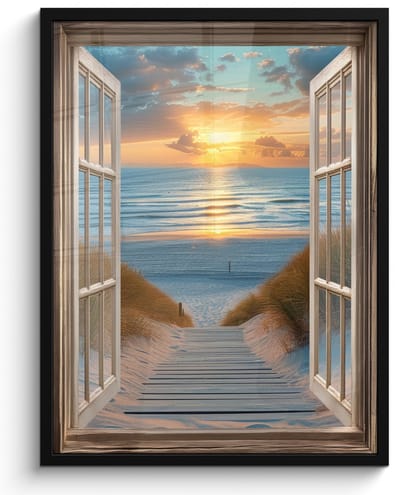 Poster in lijst - Fotolijst 60x80 cm - Posters - Doorkijk - Strand - Pad - Zonsondergang - Posterlijst zwart - Decoratie - Wanddecoratie woonkamer - Muurdecoratie slaapkamer
