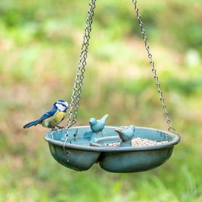 CJ Wildlife Vogeldrinkschaal met Voederschaal voor Tuinvogels - YinYang - Keramische Waterschaal voor Buiten - Vogelbadje - Hangende Vogelvoederplek - Blauw / Groen